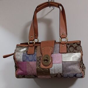 Coach Brown and Pink Satchel with Signature Patchwork Design